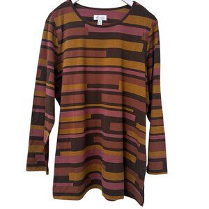Denim & Co. Geo Print Tee Size Large Brown Womens Long Sleeve Top NWOT